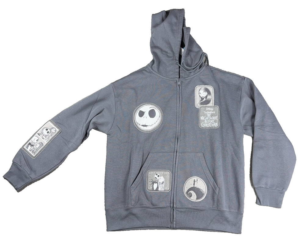 Disney Nightmare Before Christmas Jack Sally Patch Hoodie Womens L Gray NWT